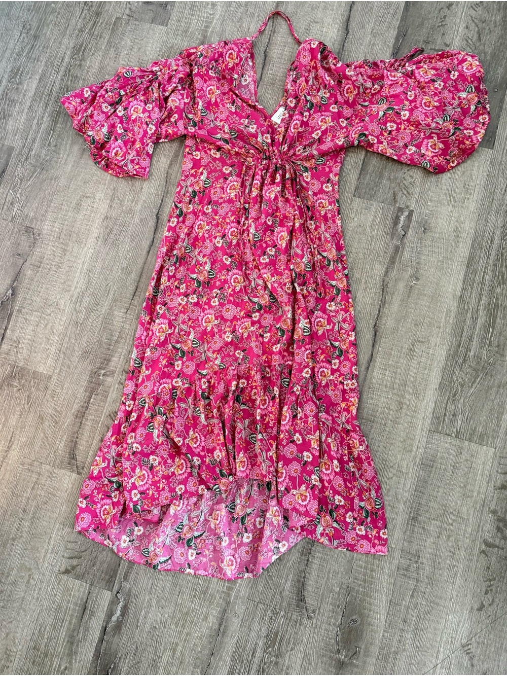MISA Los Angeles Johanna Floral Midi Dress XS Balloon Sleeve Pink High Low